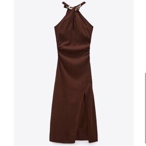 Zara Brown Linen Blend Chain Halter Dress